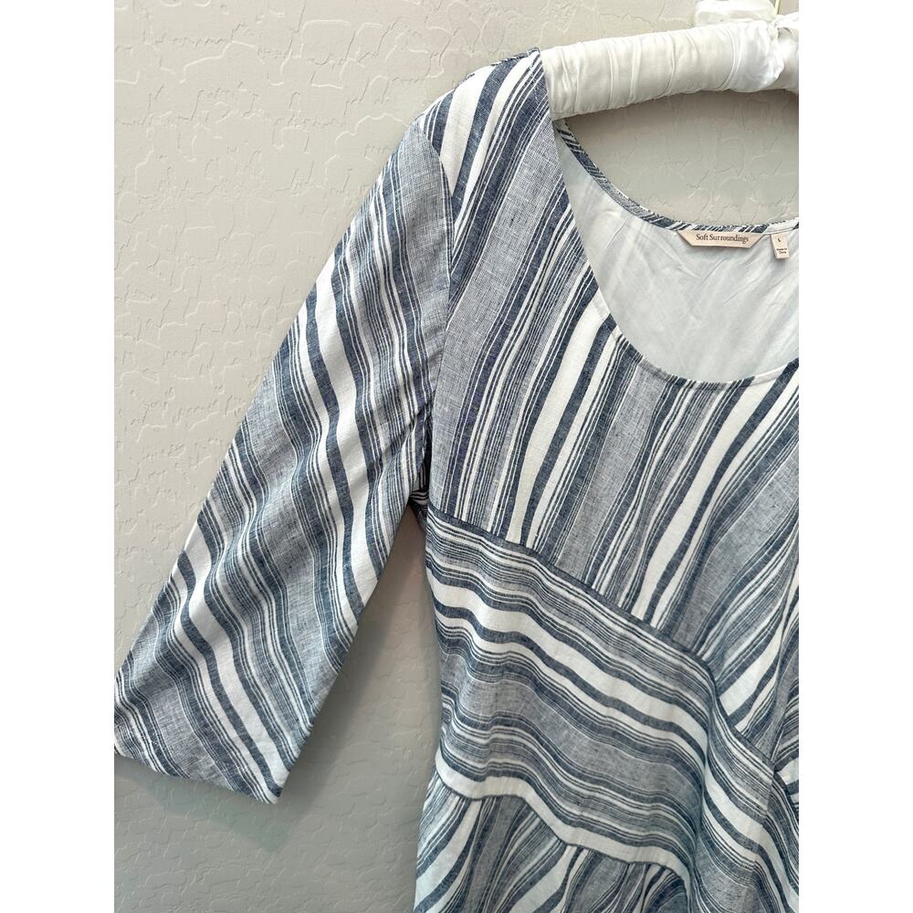 SOFT SURROUNDINGS | Linen Blend Striped Blue White Scoop Neck Dress | Large - Picture 4 of 8